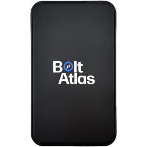 A black power bank with a smooth surface and a branded logo in the centre.