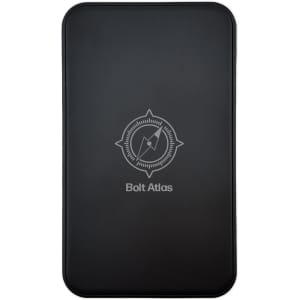 A black power bank featuring a compass design and a logo, with a sleek, smooth surface.