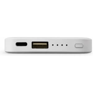 A white solid state power bank with USB and USB-C ports, featuring LED indicator lights and a power button.