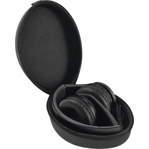 Black Bluetooth headphones in a zipped EVA case, featuring sleek design and cushioning for comfort.