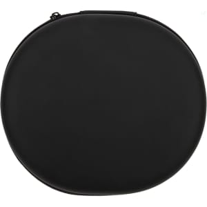 A round, black case designed for storing headphones, featuring a zip closure and a smooth exterior.