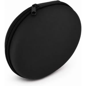 A round black zippered case designed to hold headphones, featuring a smooth exterior.