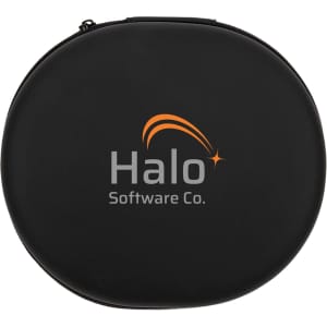 A round black case with a logo featuring "Halo Software Co." in orange and grey, designed for headphones.