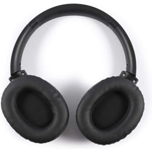 A pair of black ANC headphones with cushioned ear cups, featuring a sleek design and a headband.