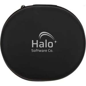 A black round case with a logo, designed for holding headphones.
