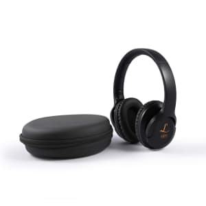 Equinox ANC headphones in a sleek black design next to a round, black carrying case.