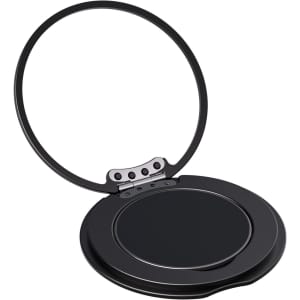 A black phone grip and stand with a circular, hinged design. It features a shiny finish and a branding logo.