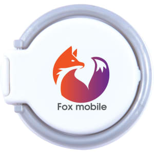 A round phone grip in white and gray with a fox logo in orange and purple.