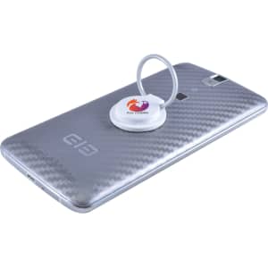 A silver phone with a white circular grip and stand attached to the back, featuring a logo.