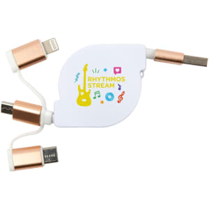 A retractable charging cable in white with gold accents, featuring multiple connectors for various devices.