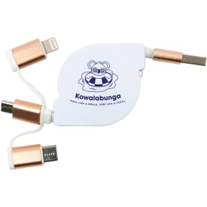 A retractable charging cable with a white body and copper accents, featuring connections for multiple devices.