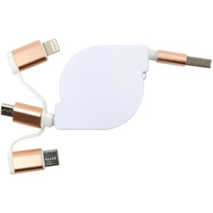 A retractable charging cable in white and gold, featuring three connectors for different devices. It includes a logo.