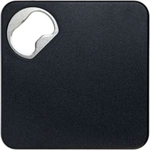 A drink bottle opener and coaster featuring a sleek black design with a metal opener integrated into one corner.