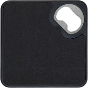 A drink bottle opener and coaster combination featuring a sleek, black design with a circular opening for bottle caps.
