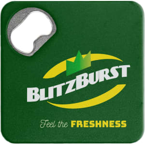 A green bottle opener coaster featuring a metal opener and a logo design.