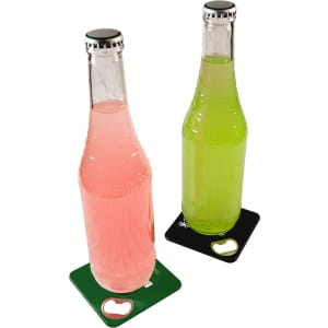 A drink bottle opener and coaster set in black, featuring two glass bottles with pink and green beverages.