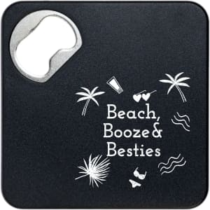 A drink bottle opener and coaster in black with a silver opener, featuring tropical-themed graphics.