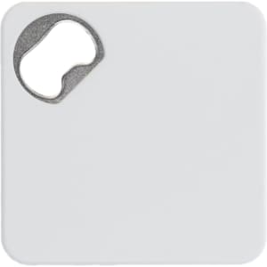 A drink bottle opener and coaster combination featuring a sleek white square design with a metal opening cutout.