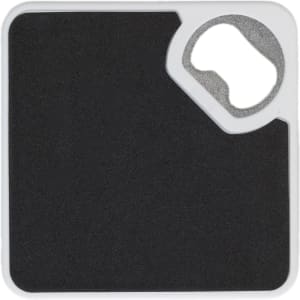 A drink bottle opener and coaster in black and silver, featuring a textured surface and a built-in bottle opener.
