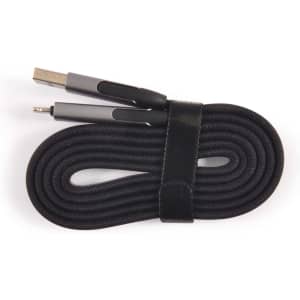 A black charging cable with a braided texture and a fastening strap, featuring USB connectors at both ends.