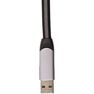 A charging cable with a gray USB connector and a braided black exterior.