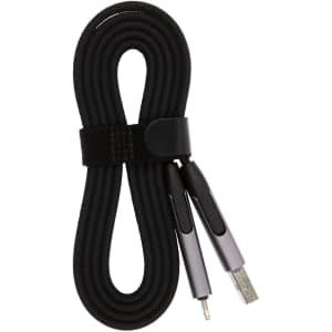 A black charging cable with a braided design and dual connectors, secured with a Velcro strap.