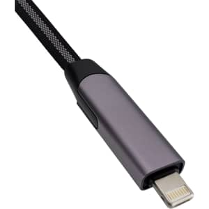 A charging cable with a metallic grey connector and a braided black cable casing, featuring a logo on the connector.