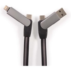 A charging cable featuring a grey design with angled connectors and a braided black exterior.