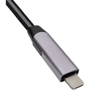 A grey charging cable with a textured finish and a sleek connector, featuring a logo on the side.