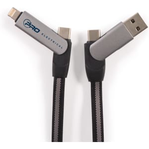 A charging cable with a braided design, featuring grey connectors and a branding logo.