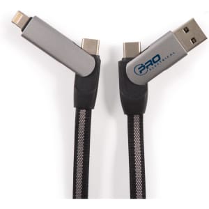 A grey and black charging cable with USB-C and Lightning connectors, featuring a branding logo on one side.