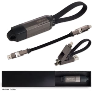 A charging cable in black and grey, featuring multiple connectors and a storage case, with a logo.