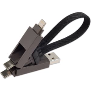 A black and gray 4-in-1 charging cable with multiple connectors and a loop for easy storage.