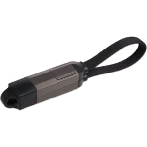 A gray charging cable with a strap, featuring a compact design and multiple connection options.