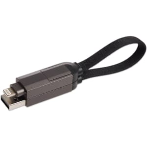 A gray charging cable with a looped strap, featuring multiple connector types for versatile use.