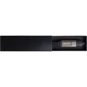A sleek black box containing a silver and gray multi-functional charging cable. The box features a logo.