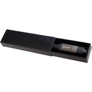 A black box containing a sleek 4-in-1 charging cable with a metallic connector. The box is simple and elegant.