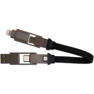 A 4-in-1 charging cable in black and gray with multiple connector options. It features a logo on the cable.