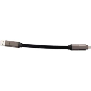 A black charging cable with USB and Lightning connectors, featuring a sleek design and a logo.
