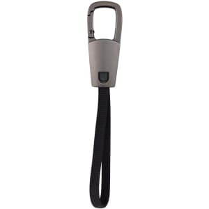 A grey carabiner clip with a black fabric strap, designed for attaching items easily.