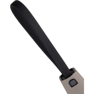 A black fabric strap attached to a grey carabiner, featuring a small button mechanism. The product has branding.