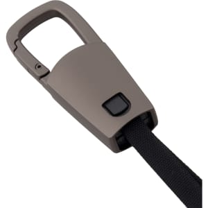 A brown carabiner clip attached to a black charging cable, featuring a button and a logo on the clip.