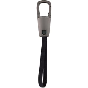 A grey carabiner-style clip with a black strap, designed as a charging cable accessory.