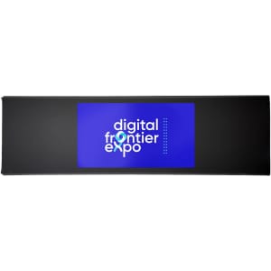 A rectangular black promotional item with a blue screen displaying the text "digital frontier expo" and a logo.