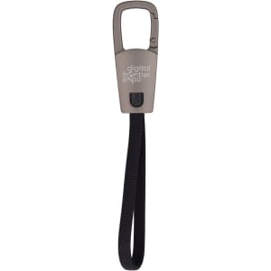A grey ClipIt Carabiner Cable with a strap, featuring a logo, designed for charging devices.