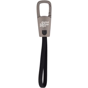 A grey carabiner clip with a black strap, featuring a branding logo on the front.