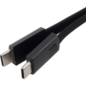 A black braided charging cable featuring two USB-C connectors on each end. It has a sleek design and logo branding.