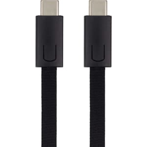 A black charging cable with USB-C connectors on both ends. The cable features a textured, woven design.