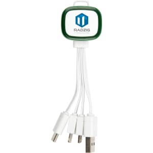 A green and white 3-in-1 charging cable with three interchangeable connectors and a logo on the side.
