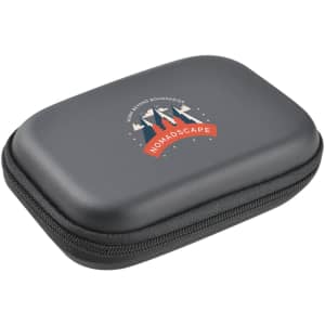 A grey zippered hard case with a logo on the front, designed for carrying small items or technology.